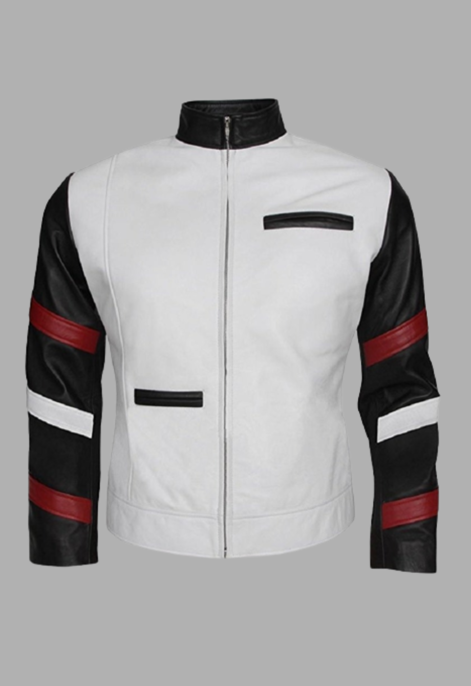 Mens Stylish Sleeves White And Black Blended Leather Jacket
