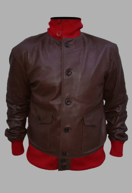 Mens A-1 Flight Brown And Red Ribbed Bomber Leather Jacket