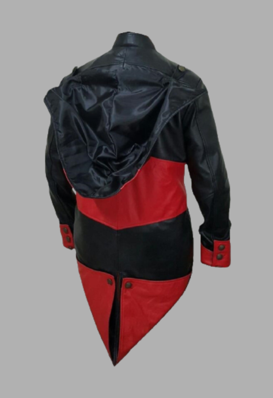 Mens Black and Red Removable Hoodie Creed Leather Coat Jacket