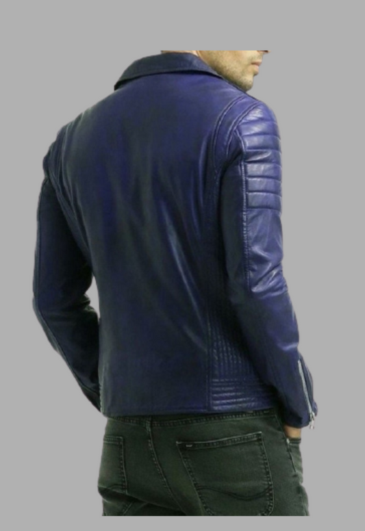 Men's Biker Padded Style Blue Leather Jacket