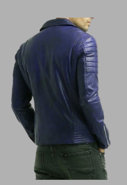 Men's Biker Padded Style Motorcycle Blue Leather Jacket Man's
