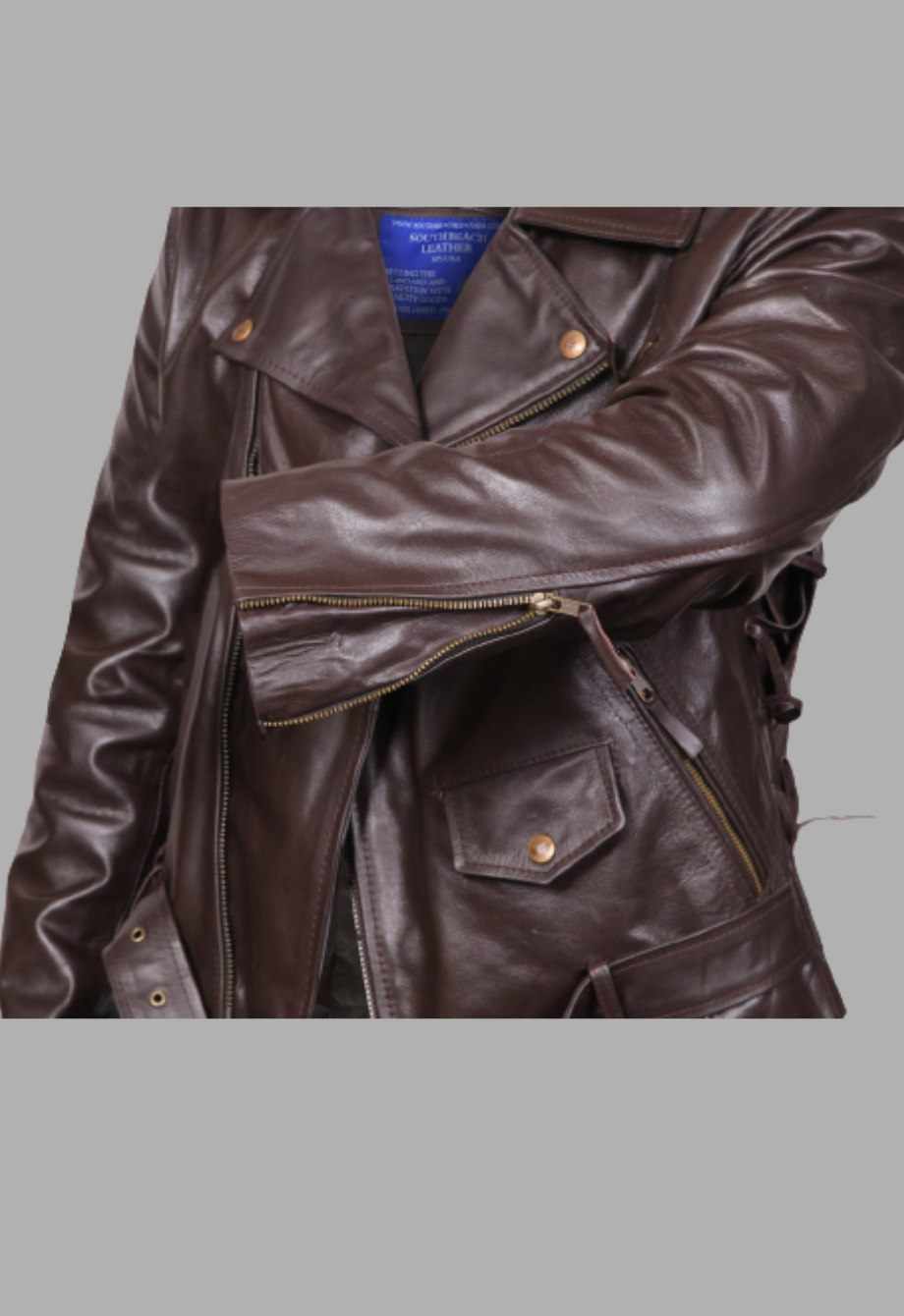 Side Lace-up Brown Motorcycle Biker Leather Jacket