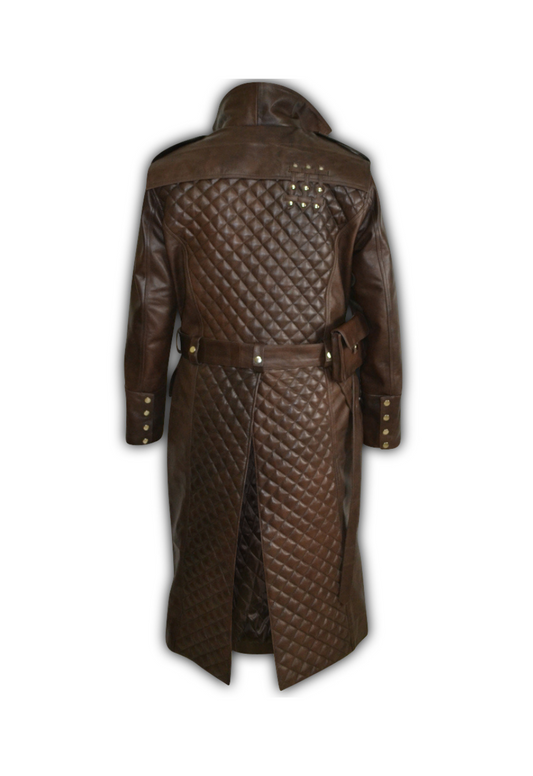Men's Black Quilted Brown Long Hooded Genuine Leather Coat