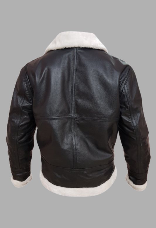 Mens Black Bomber Flying Aviator White Fur Genuine Leather Jacket