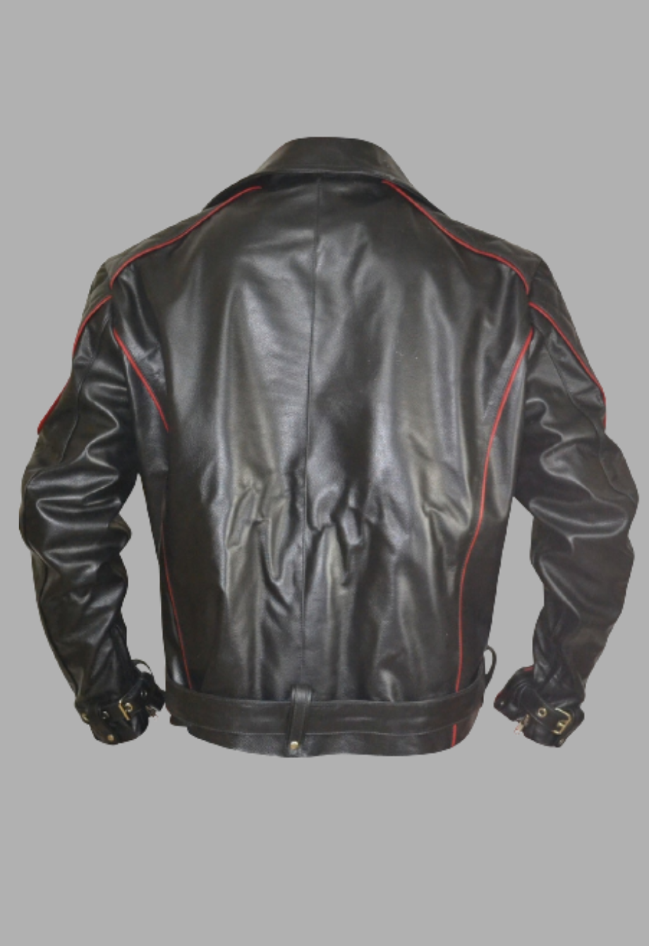 Black Leather Biker Jacket With Red Piping Design Men s South