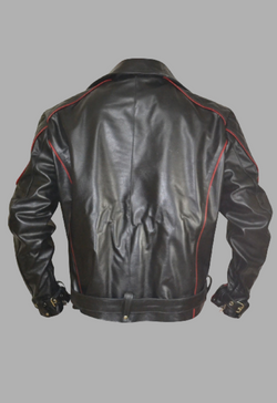 Black Leather Biker Jacket With Red Piping Design
