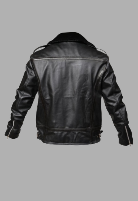 Men’s Asymmetrical Zipper Black  Fur Lined Jacket