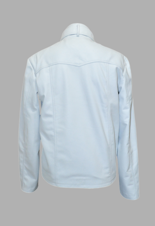 Mens White Snap Collar Genuine Lambskin Cafe Racer Motorcycle Leather Jacket