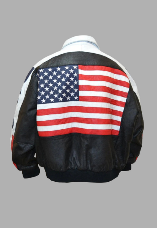 Mens Designer USA Flag Bomber Style Black & White Leather Jacket