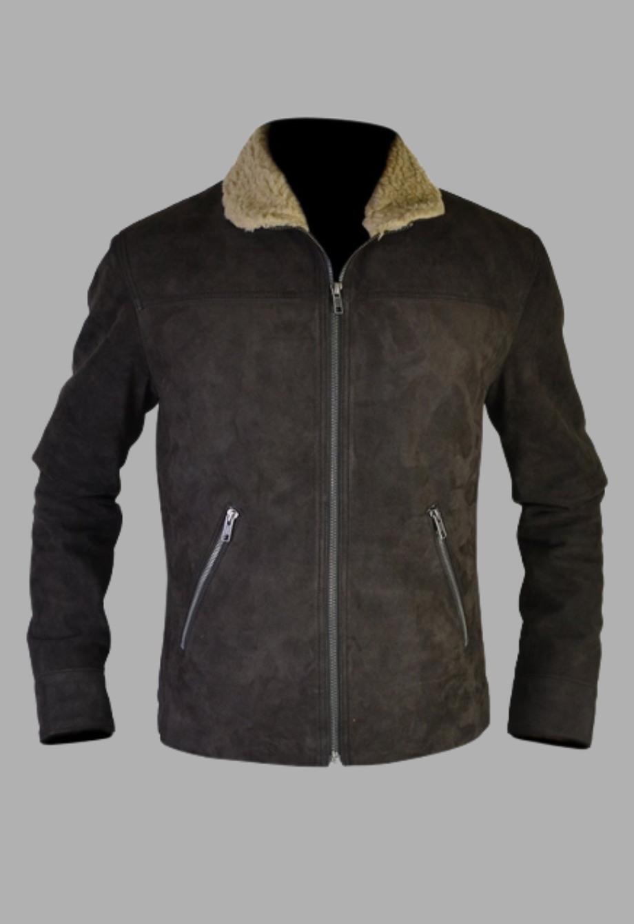 Shearling Collar Distressed Rugged Suede Leather Jacket