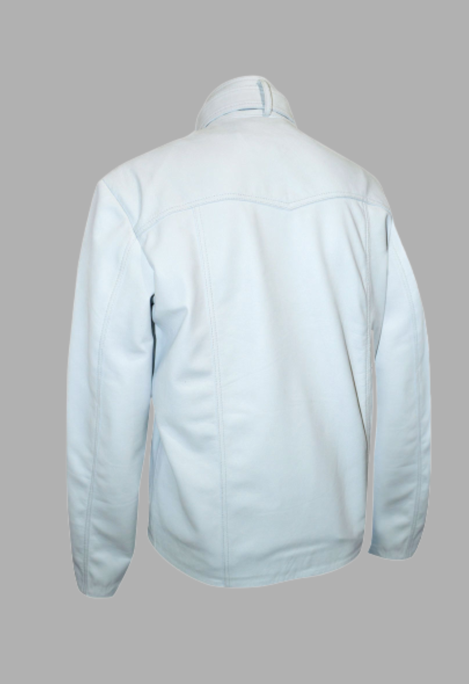 Mens White Snap Collar Genuine Lambskin Cafe Racer Motorcycle Leather Jacket