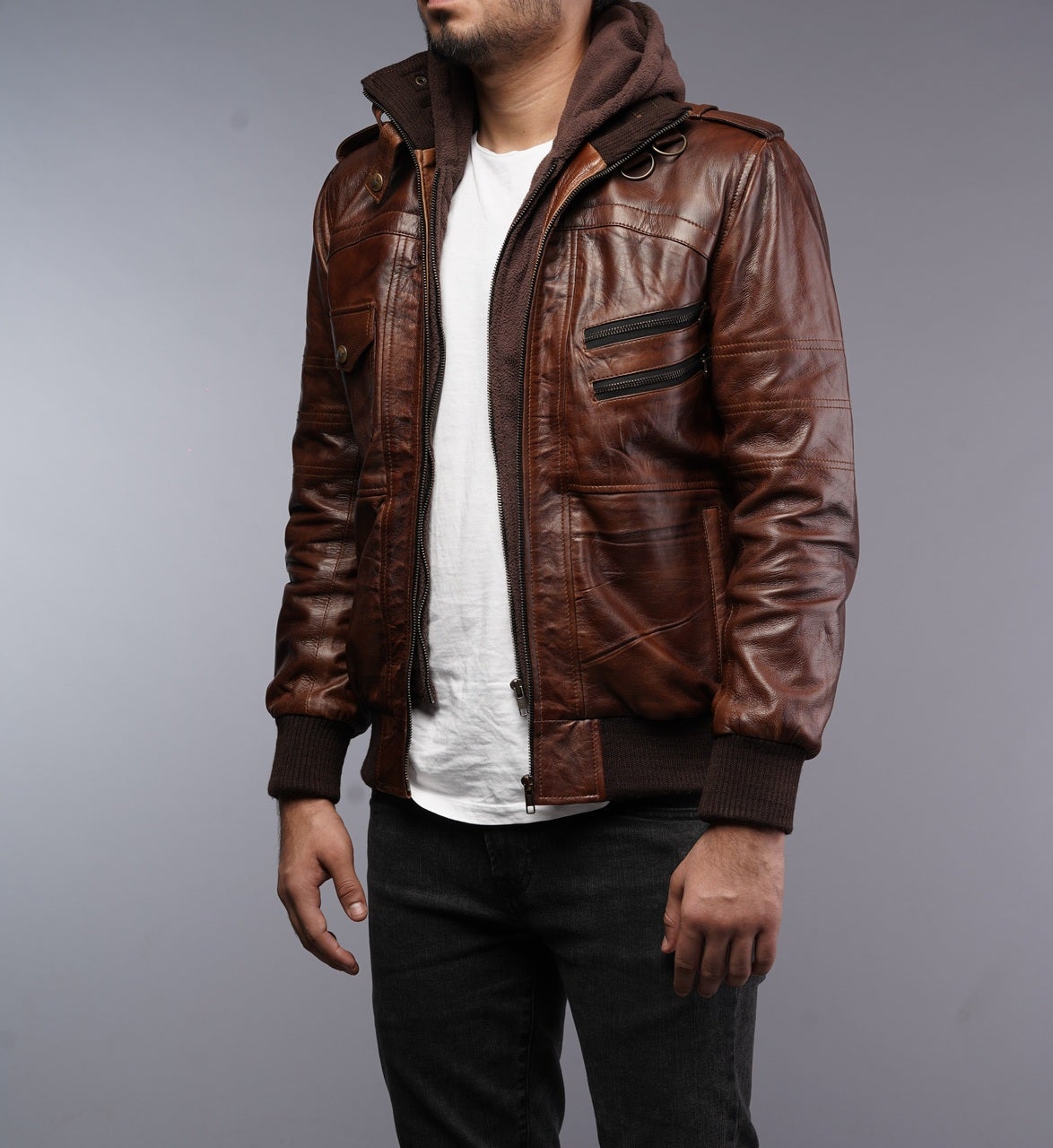 Womens Cognac Bomber Leather Jacket with Removable Hood In Canada