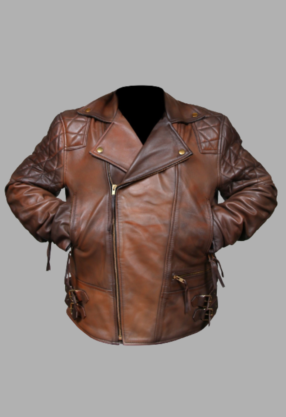 Mens Biker Distressed Brown Leather Jacket
