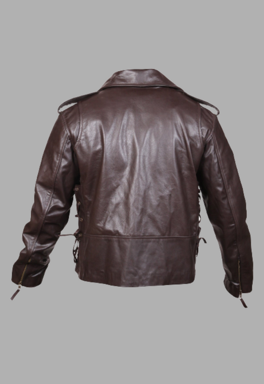 Side Lace-up Brown Motorcycle Biker Leather Jacket