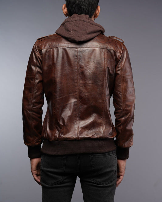 Mens Removable Hoodie Waxed Brown Leather Jacket