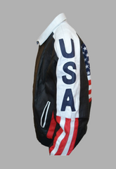 Mens Designer USA Flag Bomber Style Black & White Leather Jacket