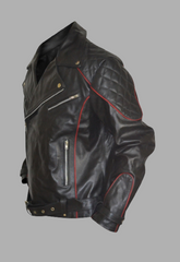 Black Leather Biker Jacket With Red Piping Design Men's