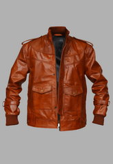 Mens Designer Antique Tan Four Pocket Leather Jacket