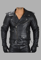 Biker Motorcycle Side lace-up Leather Jacket Men's