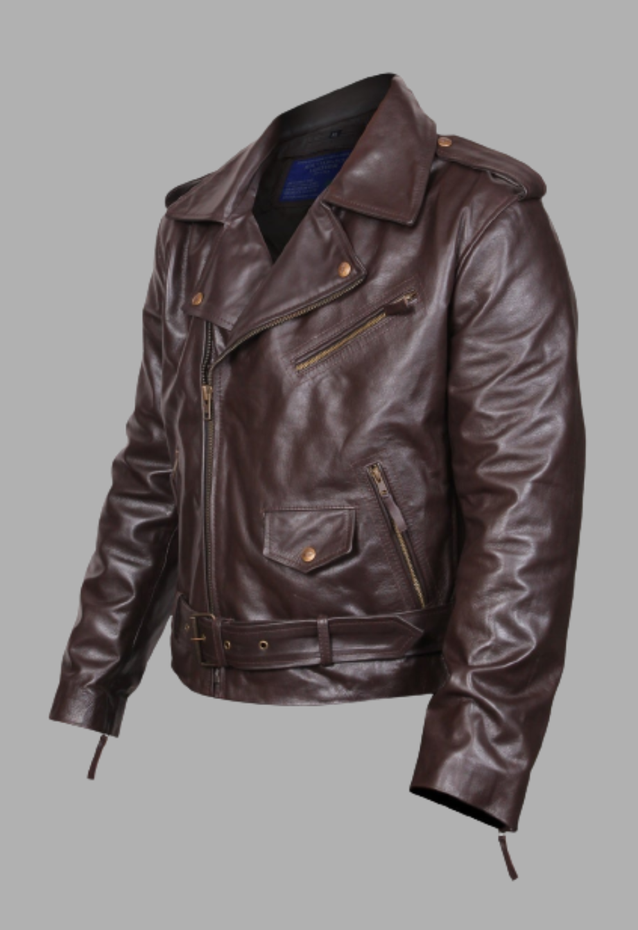 Side Lace-up Brown Motorcycle Biker Leather Jacket