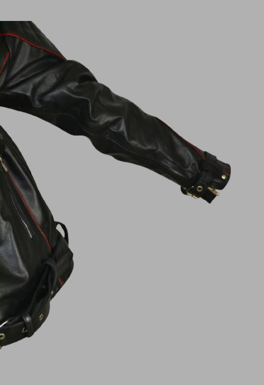 Black Leather Biker Jacket With Red Piping Design