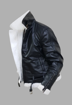 Mens Black Bomber Flying Aviator White Fur Genuine Leather Jacket