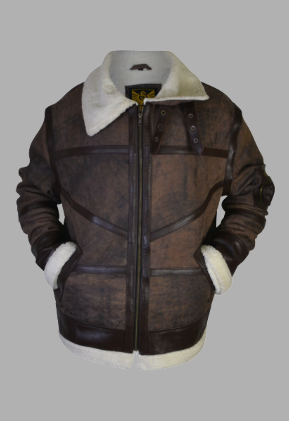 Mens Shearling Fur Brown Suede Leather Bomber Jacket