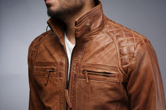 Mens Motorcycle Vintage Brown Diamond Quilted Racer Leather Jacket