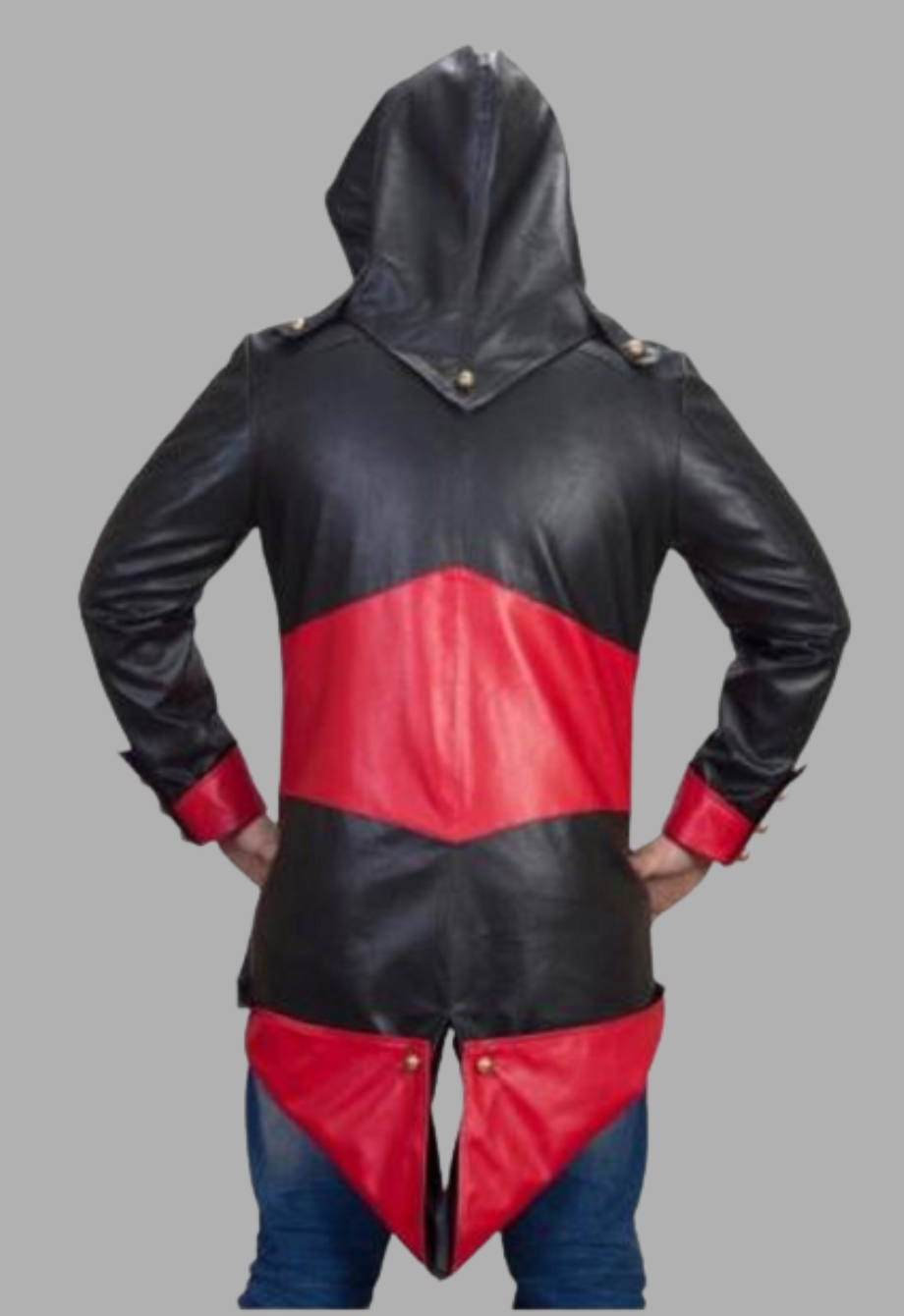 Mens Black and Red Removable Hoodie Creed Leather Coat Jacket