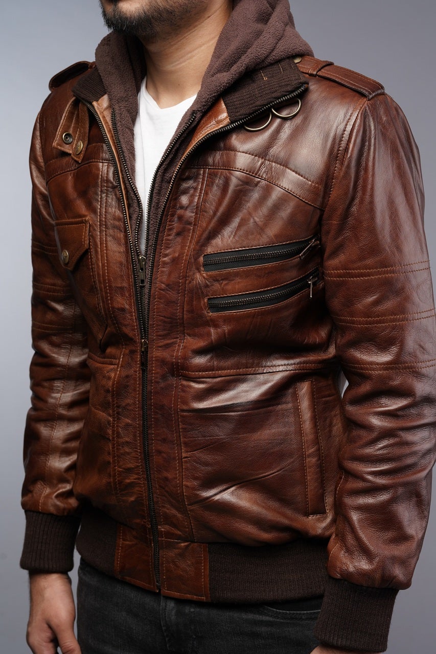 Mens Removable Hoodie Waxed Brown Leather Jacket – South Beach Leather