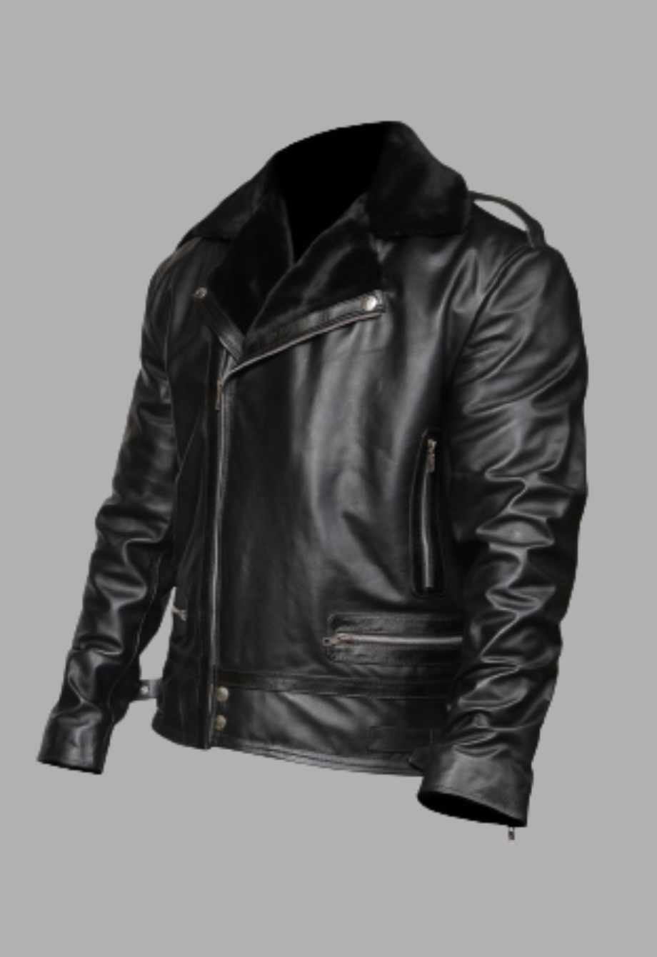 Men’s Asymmetrical Zipper Black Faux Fur Lined Jacket