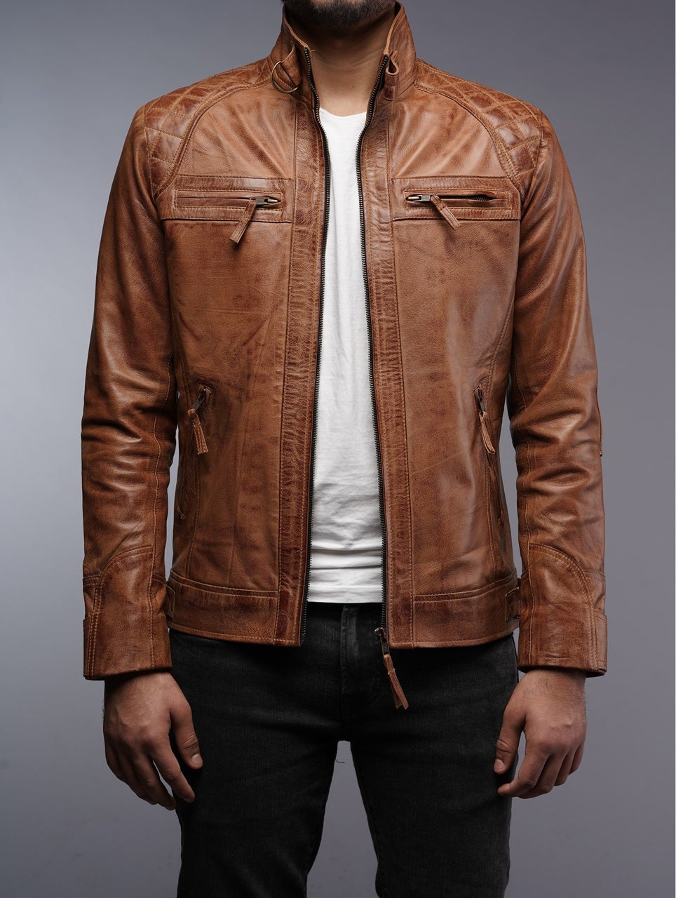 Barneys Originals leather biker jacket in tan | ASOS