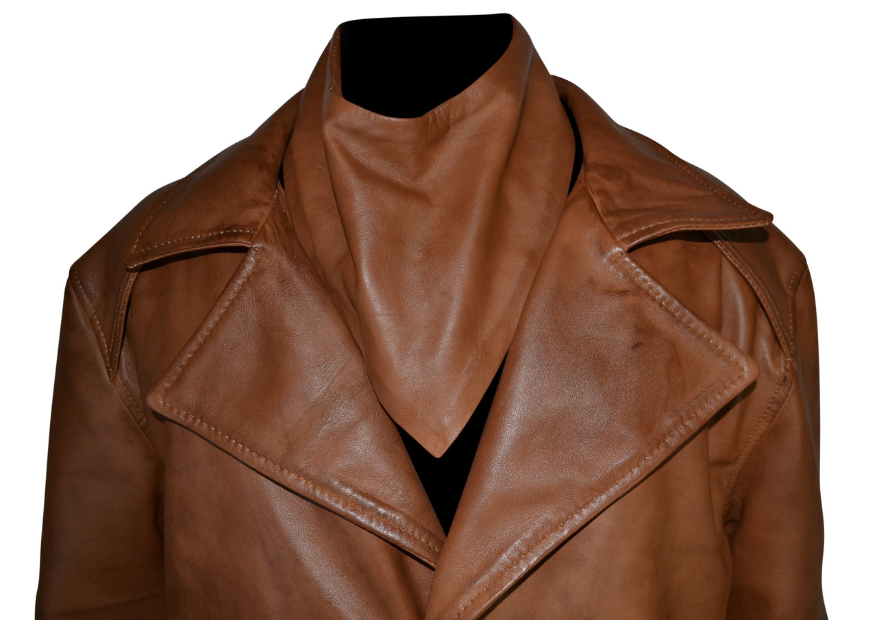 Mens Single Breasted Waxed Brown Long Leather Coat