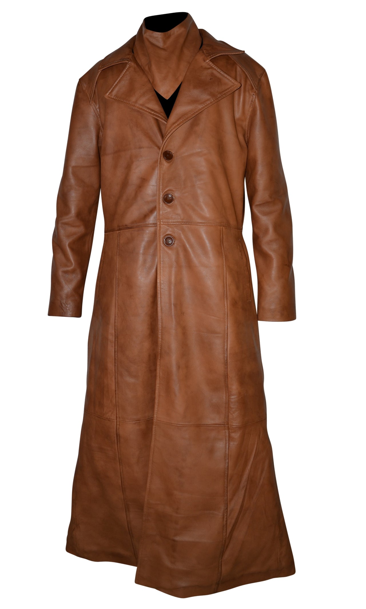 Mens Single Breasted Waxed Brown Long Leather Coat