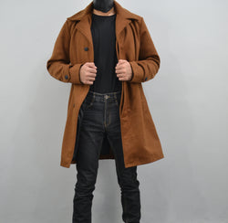Men's Single Breasted Slim Fit Brown Three Quarter Wool Coat