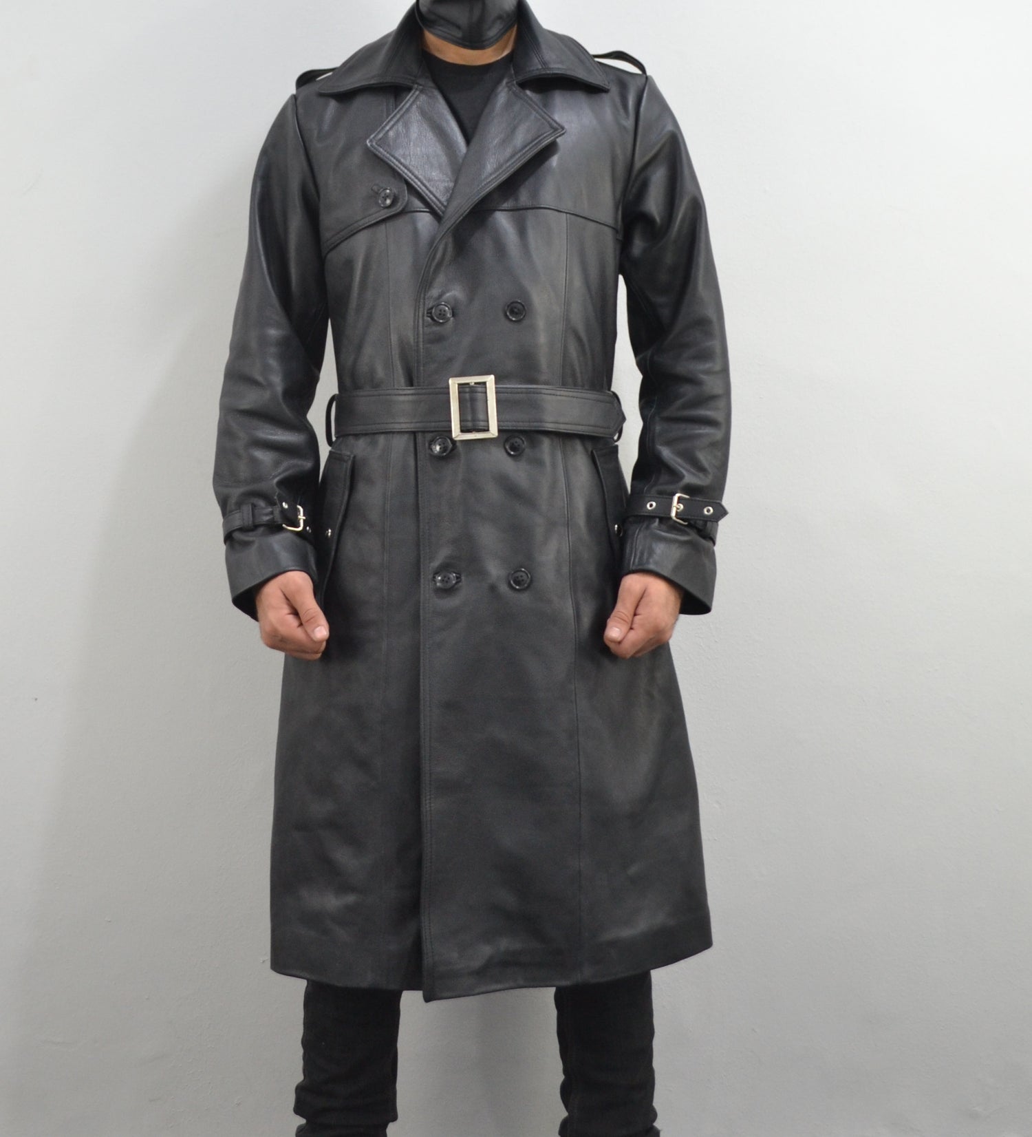 Men's Classic Belted Single Breasted Black Genuine Leather Trench