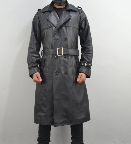 Men's Classic Belted Single Breasted Black Genuine Leather Trench Coat