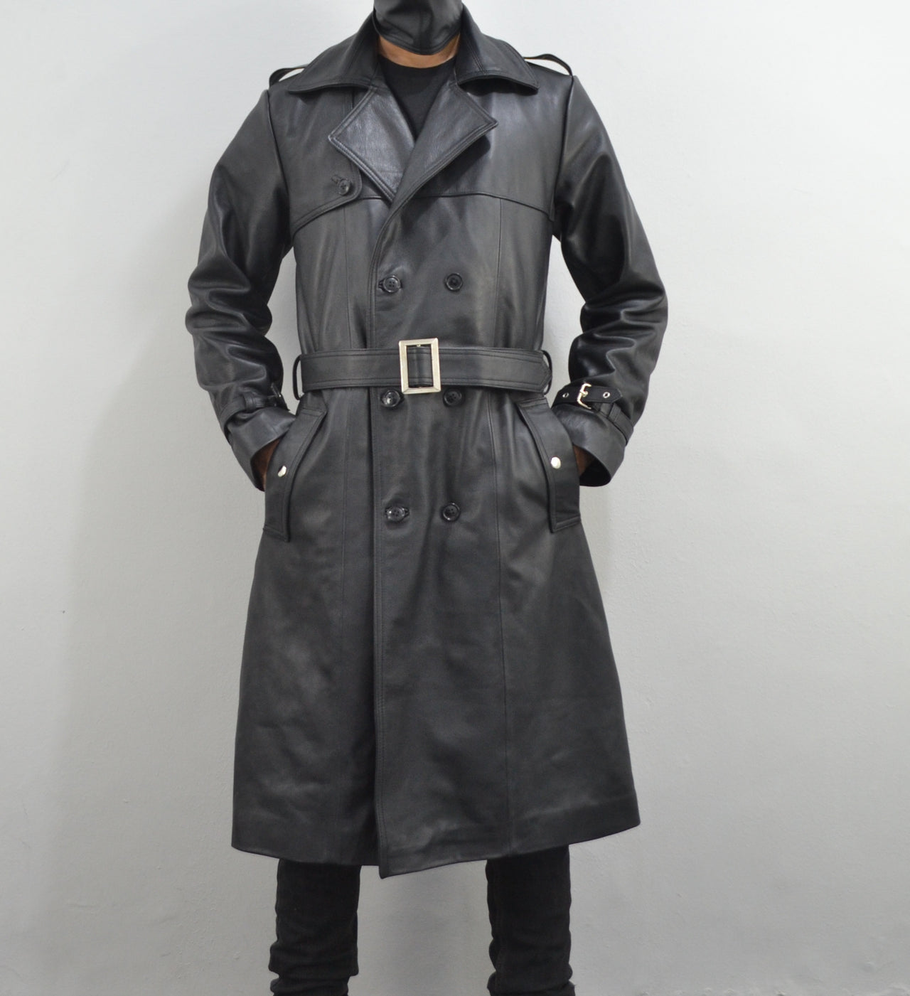 Men's Classic Belted Single Breasted Black Genuine Leather Trench Coat