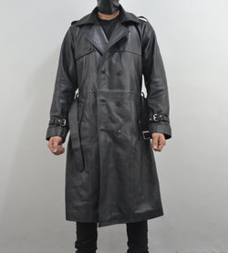 Men's Classic Belted Single Breasted Black Genuine Leather Trench Coat