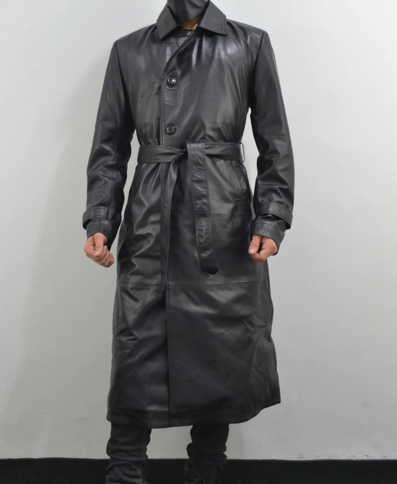Full Length Black Leather Trench Coat for Men