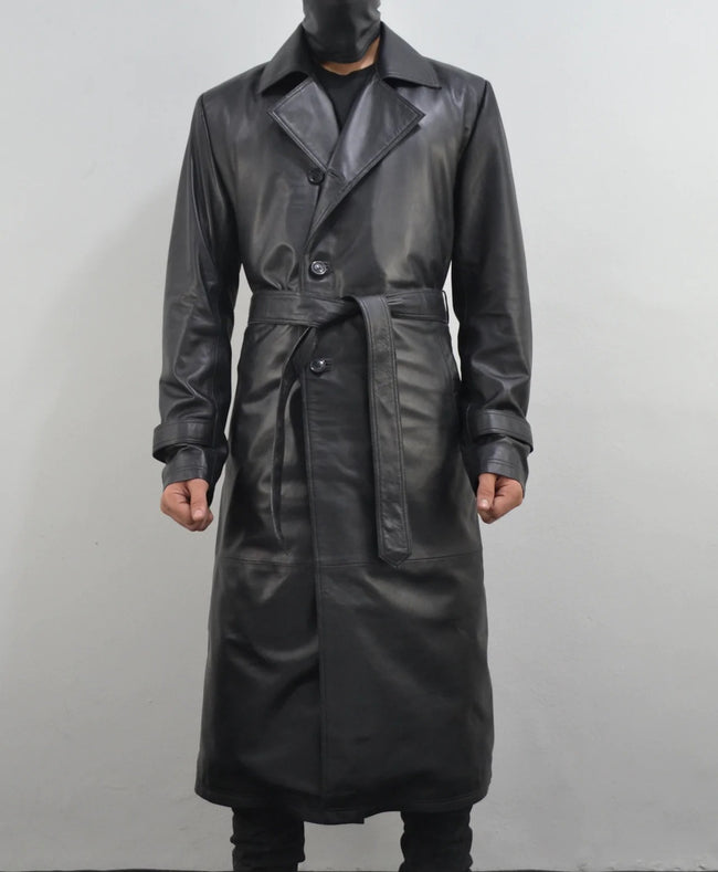 Men's Slim Fit Classic Black 100% Real Soft Leather Trench Coat