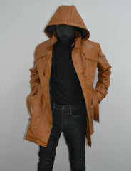 Mens Brown Ankle Length Slim Fit Hooded Leather Coat