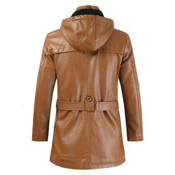 Mens Brown Ankle Length Slim Fit Hooded Leather Coat