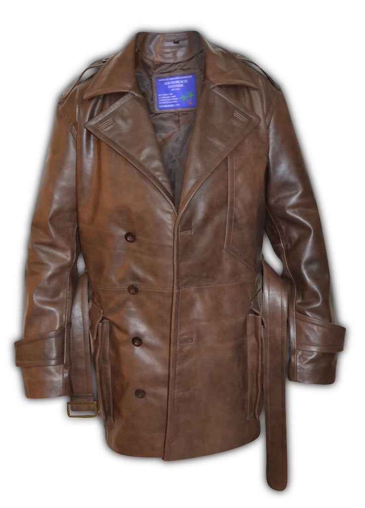 SBL South Beach Leather Mens Aviator World War Brown Double Breasted Genuine Leather Trench Coat for Natural Chest Size 44 - 46