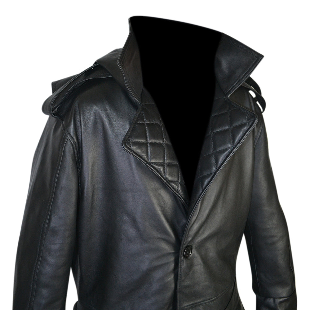 Mens Black Quilted Back Long Hooded Genuine Leather Coat