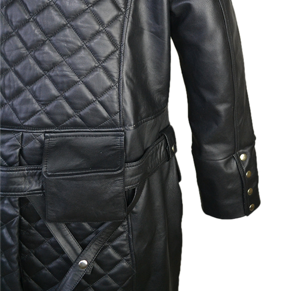 Mens Black Quilted Back Long Hooded Genuine Leather Coat