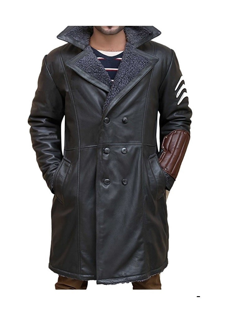 Mens Designer Squad Fur Lining Genuine Black Leather Coat