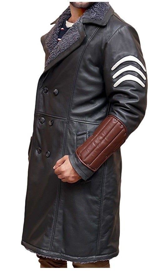 Mens Designer Squad Fur Lining Genuine Black Leather Coat