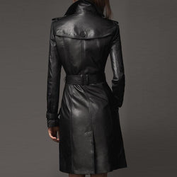 Women Slim Fit Black Double Breasted Trench Leather Coat