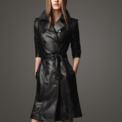 Women Slim Fit Black Double Breasted Trench Leather Coat